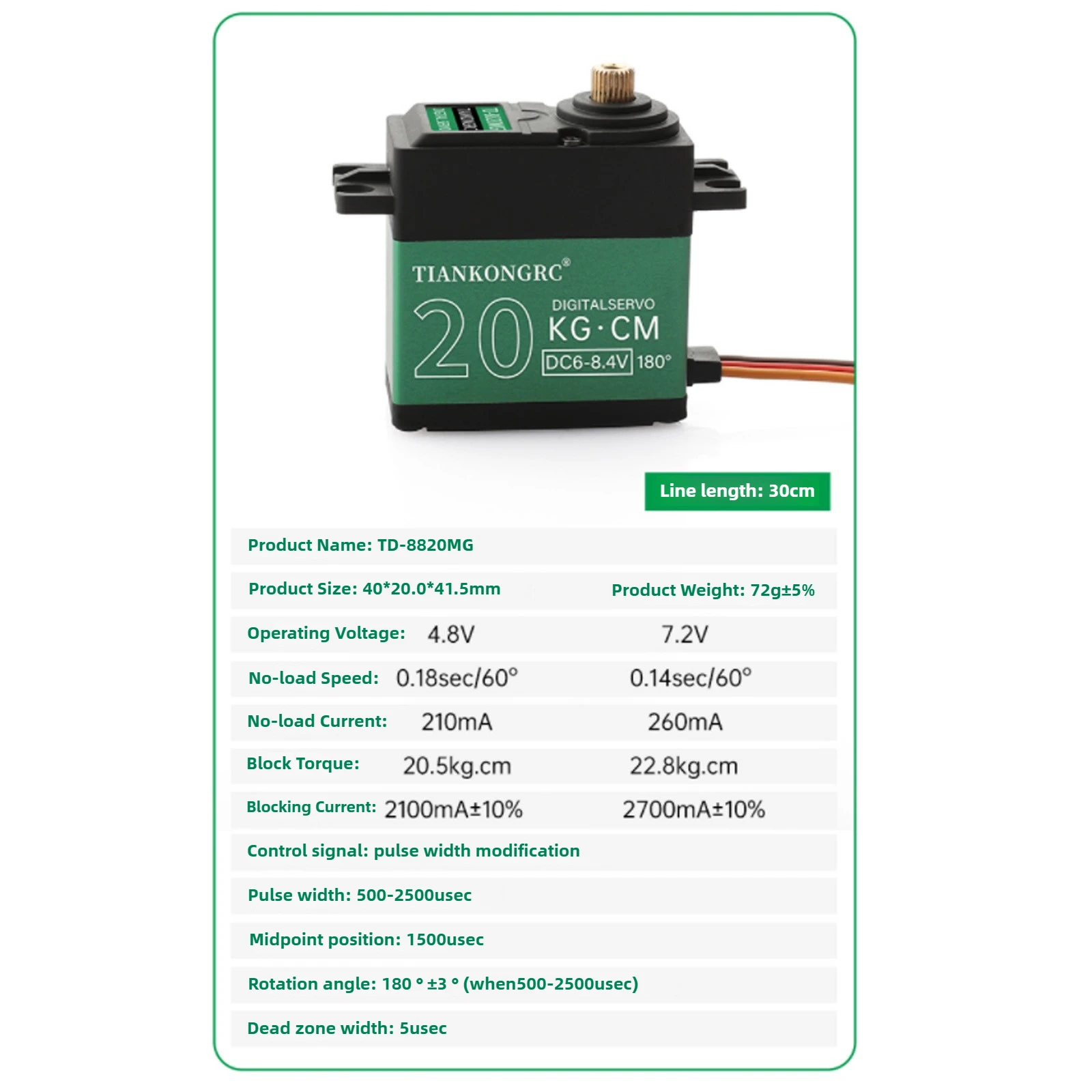 20KG 4.8-8.4V TD8820MG Digitale Servomotor Koolborstel Half Metaal Hoog Koppel 180/270/360 ° voor afstandsbediening robot autovliegtuigen