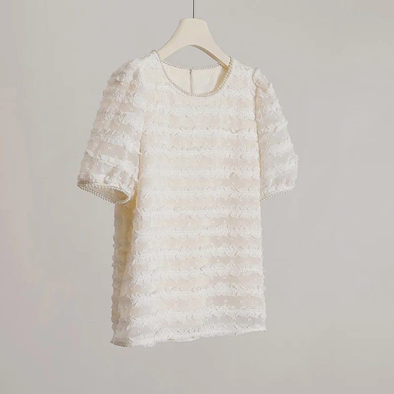 Faionable Summer irt Camicetta rotonda da donna in chiffon Ne Bubble Sve con ricamo pesante in pizzo con perline di diamanti per pendolari...