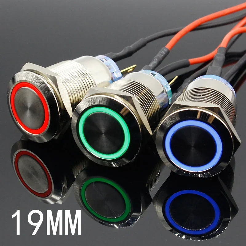 19mm Metal Alumina black press button Led power mark lamp button Momentary/Latching control PushButton Switch