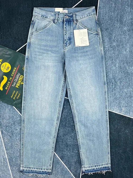 

Мужские свободные прямые джинсы из хлопка, светло-голубые, длинные брюки в американском стиле, повседневные, широкие, в ретро-японском стиле