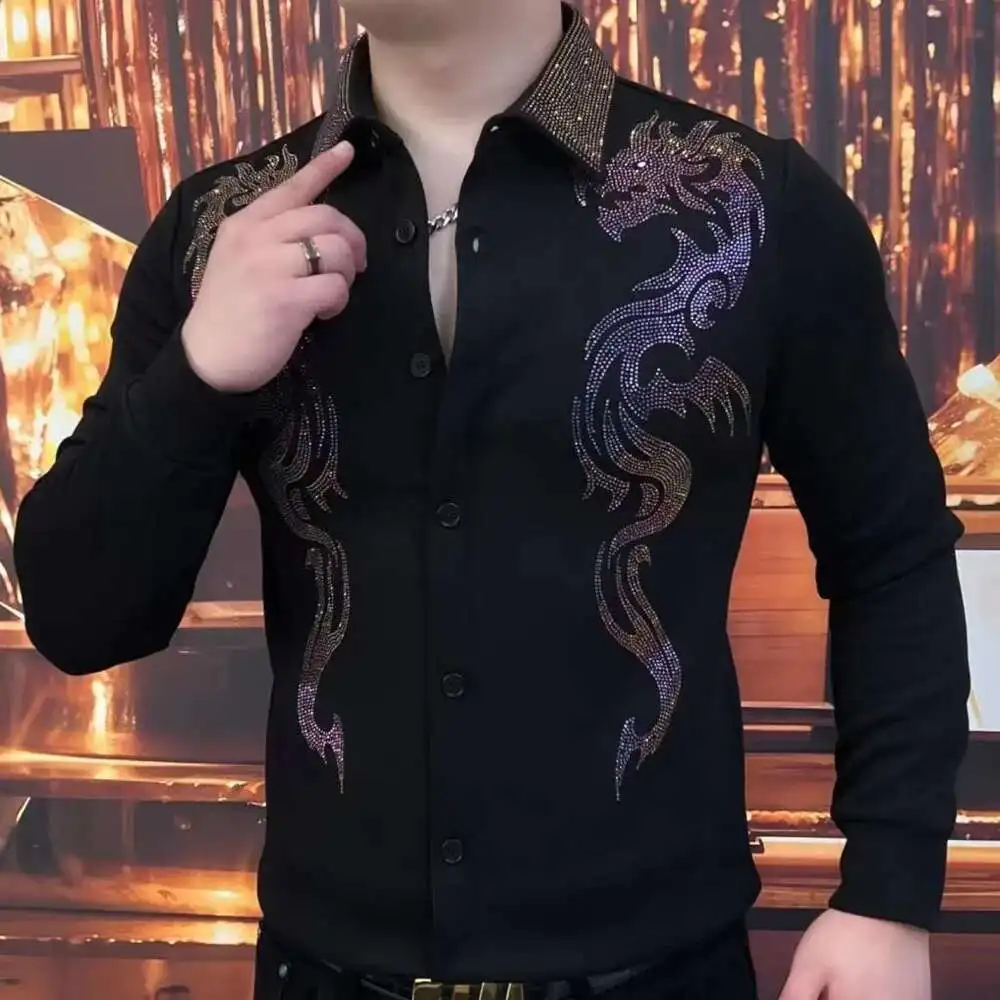 メンズブラックラインストーンアニマルシャツ,社交クラブウェア,ダイヤモンドプリント,クオリティ,秋