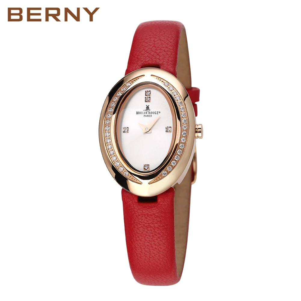 BERNY Oval Woman Watch Quartz Japan Movement Crystals Clock Female Genuine Leather Strap Dropshipping Waterproof Wristwatch Lady