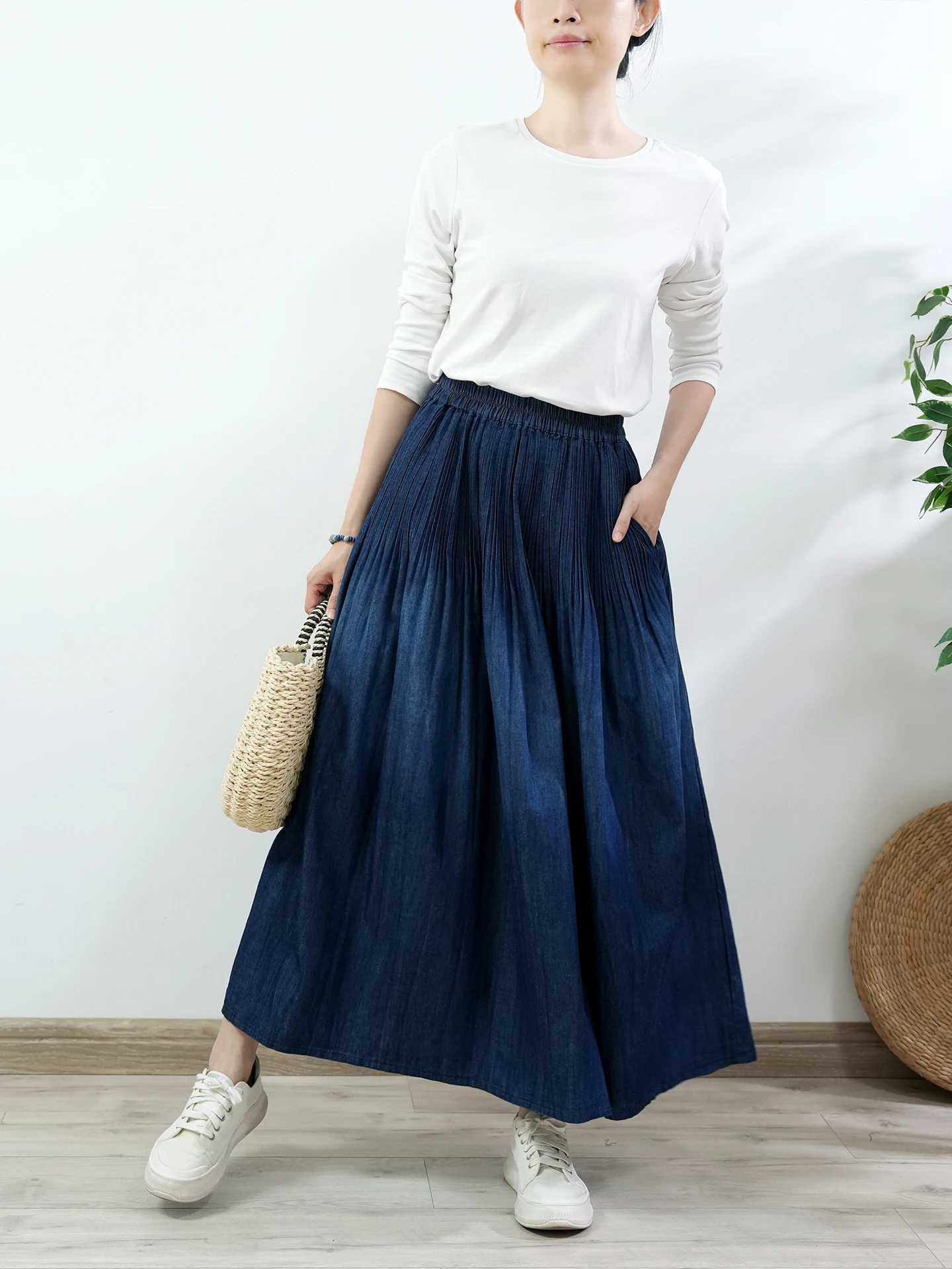 TIYIHAILEY faldas largas largas con cintura elástica para mujer, faldas vaqueras de otoño y verano para mujer, bolsillos plisados de Color sólido, Vintage azul profundo