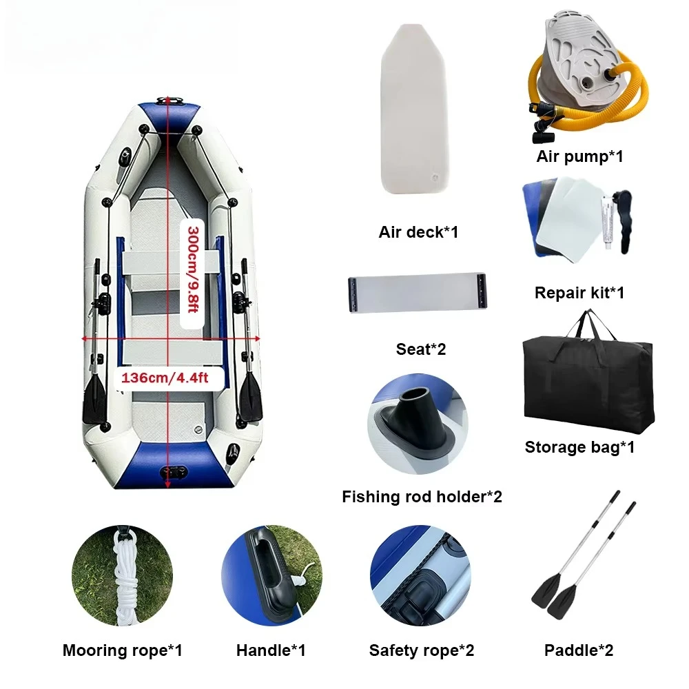 

9,8-футовая ПВХ 4-местная лодка-каяк, высокоскоростная надувная рыбацкая лодка с воздушной подушкой и бесплатными аксессуарами