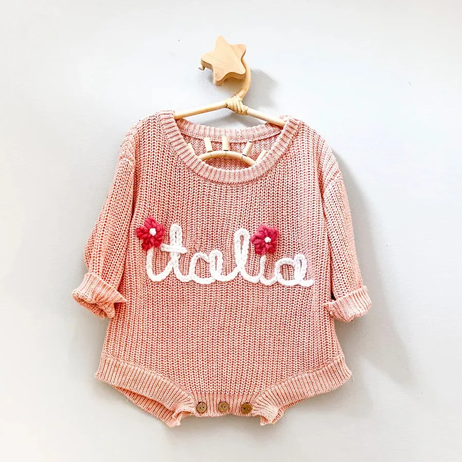 hand Embroidery Jumpsuit  Sweater ，Custom Name , Personalized Baby Sweater, Newborn Girl Coming Outfit winter baby girl clothes