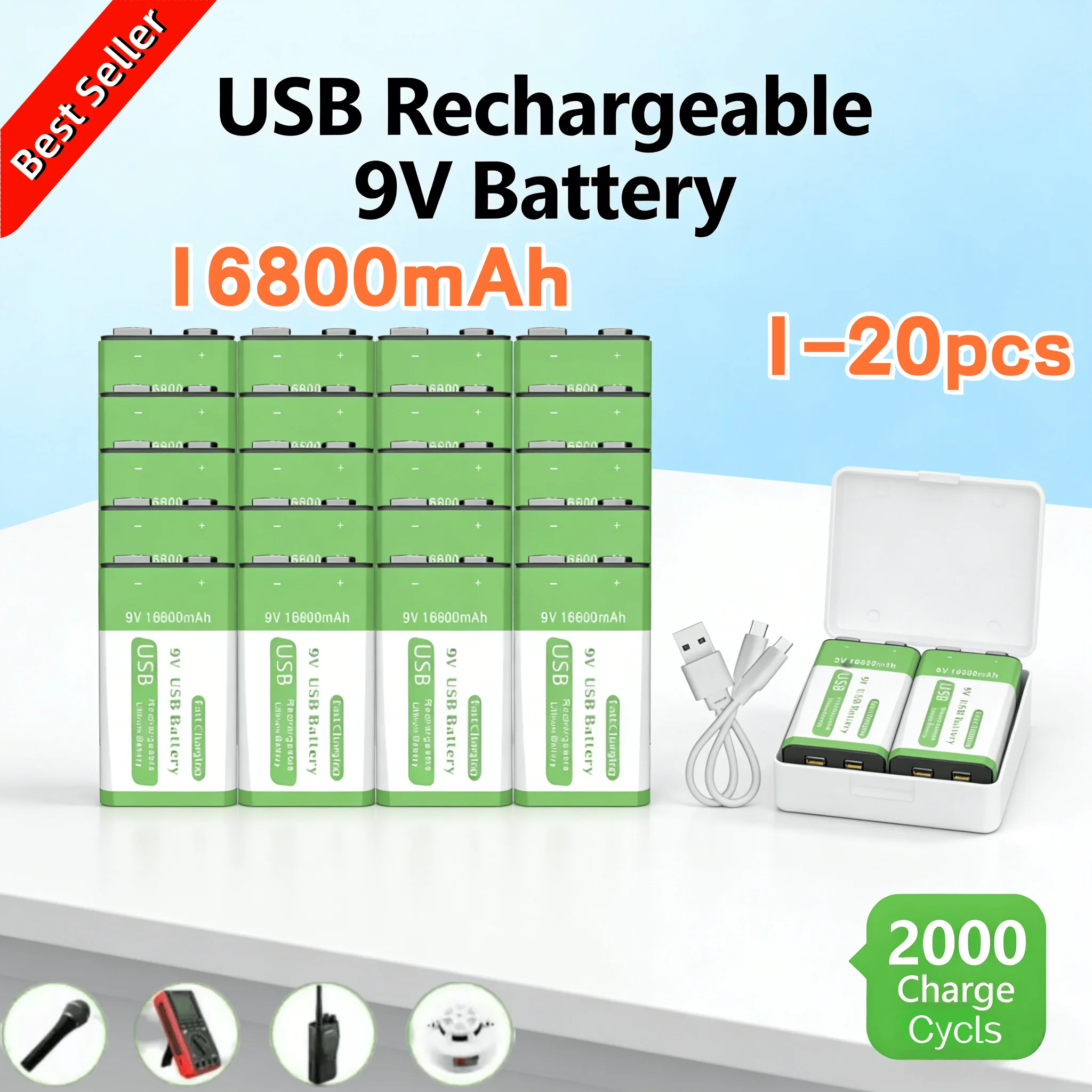 9V 16800mAh Rechargeable Li-ion Battery Type-C Fast Charging, Long Lasting for Multimeter, Microphone, Toy, Remote Control, KTV