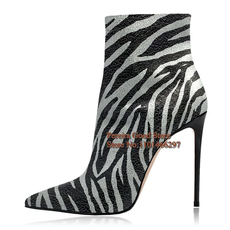 Zebra Striped Leather Stiletto Heel Ankle Boots Pointed Toe Black And White Zipper Fashion Modern Boots Plus Size 42 - view 5