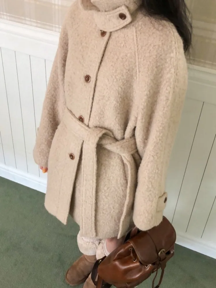 Women\'s Winter Sheepfold Wool Coat Jacket with Belt Stand Collar Thick Woolen Overcoat Warm Outerwears 2023