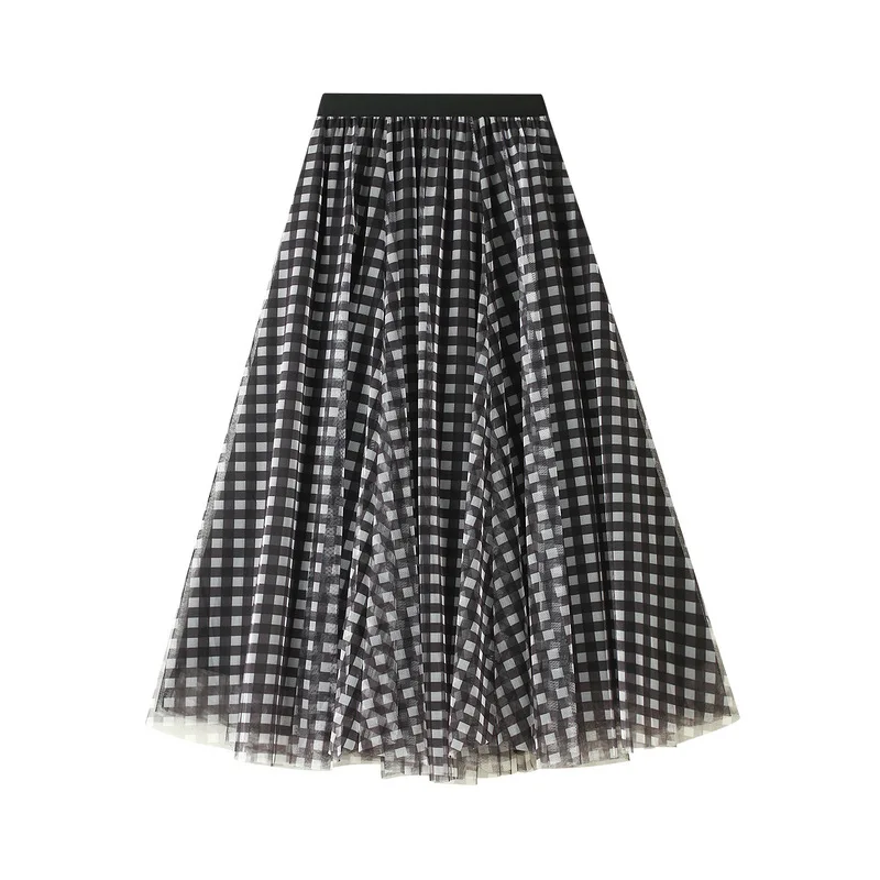 Vintage Checkered Mesh Skirt for Women, Large Swing Skirt, Slim Elastic Waist, A-line Pleated Skirt,Mid length skirt dress