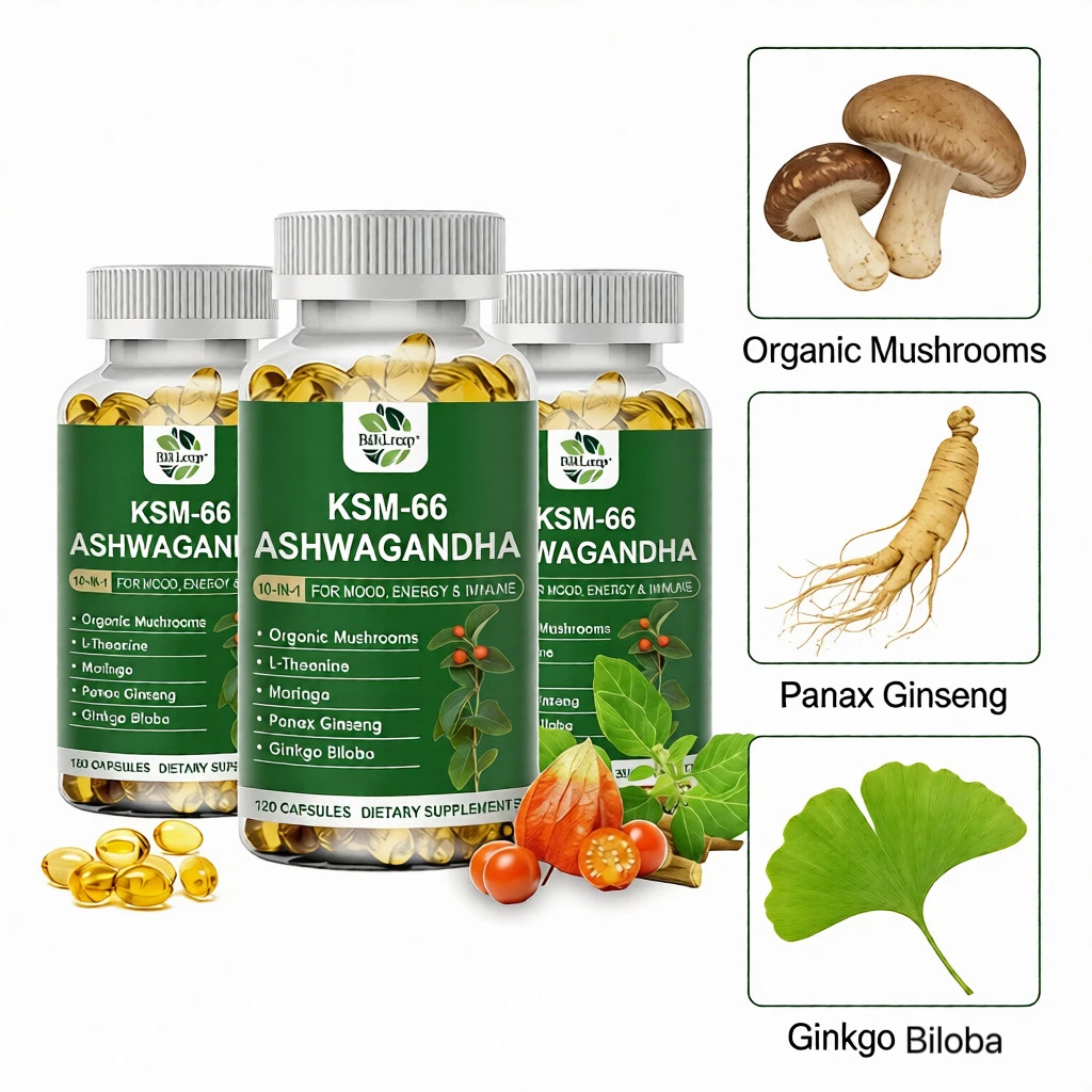 KSM-66 Ashwagandha, Hongos Orgánicos, Extracto de Moringa para Fortalecer la Inmunidad, Aliviar el Estrés y Mejorar la Concentración y el Bienestar General