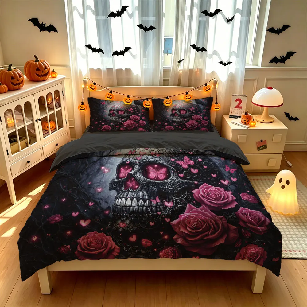 3pcs Halloween Dark Skull Print Down Duvet Cover Set, Multi Size Bedroom Bedding Decoration, Machine Washable