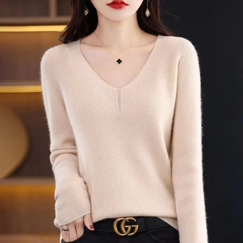 

2024 Women Sweater Long Sleeve V-neck Stripe Knitwears Slim Fit Shirt Korean Fashion Pullovers Thin Knit Tops Bottoming Shirts