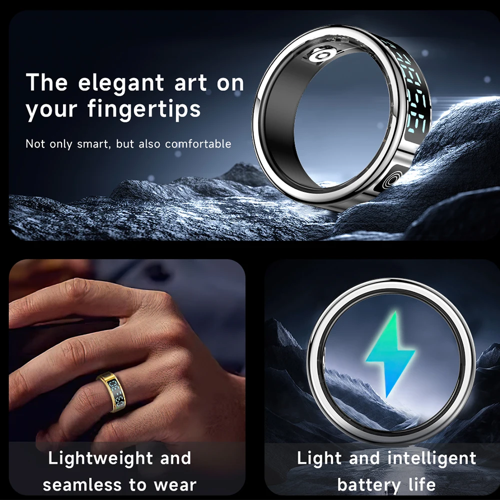 SR08 Moda Smart Ring Display Schermo Smart Touch Acciaio inossidabile 5ATM IP68 Anello da dito impermeabile Health Tracker Uomo Donna
