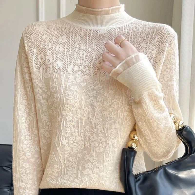 

Lace Patchwork Temperament Long Sleeve T Shirts Spring Autumn Solid Youth All-match Elegant Tops Office Vintage Women Clothing