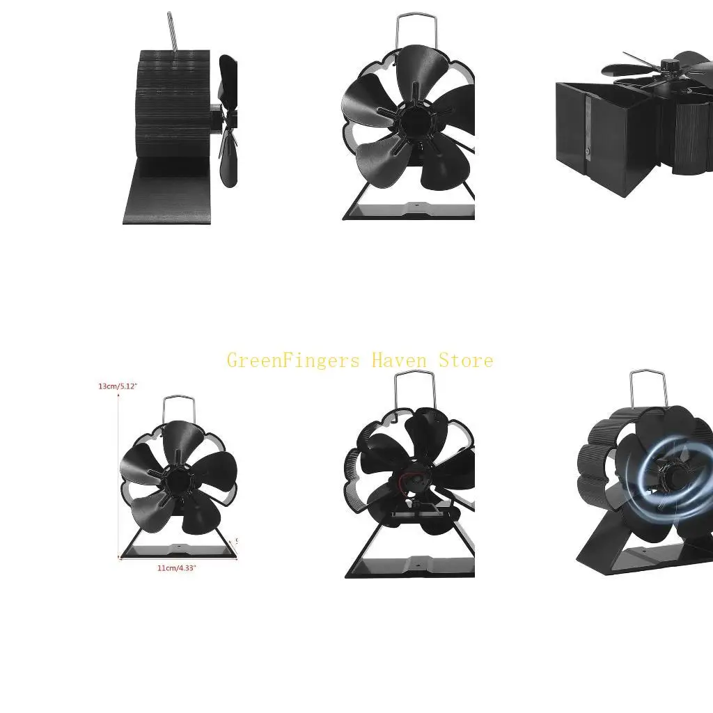 F68D 5 شفرة سوداء موقد مروحة سبائك الألومنيوم صامت كفاءة توزيع الحرارة الموقد مروحة سجل الخشب الموقد التدفئة مروحة