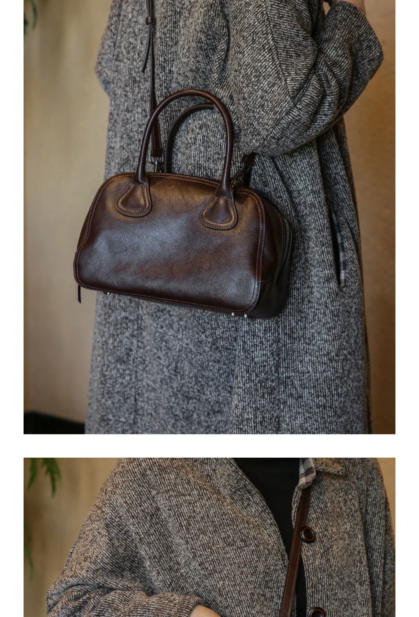 Einfache Vintage-Handtasche aus hochwertigem Echtleder für Damen, Luxus-Handtasche für Wochenendpartys, handgefertigte Schultertasche aus echtem Rindsleder für Frauen. – Detail 12