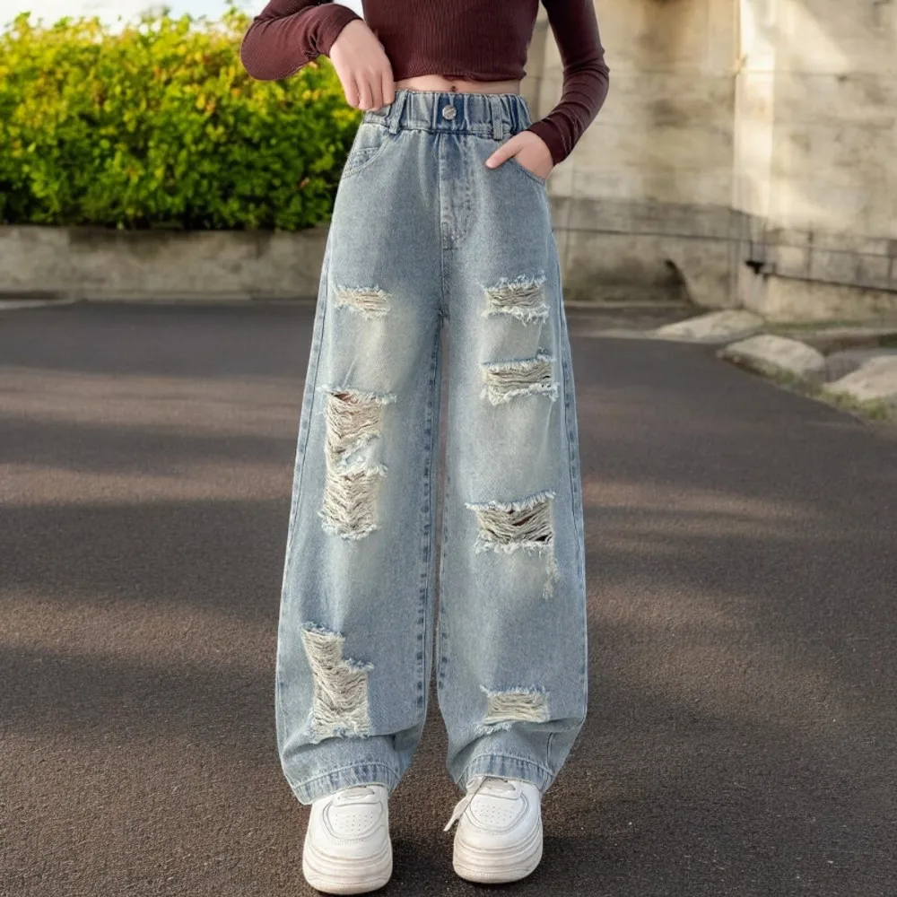Young Kids Ripped Jeans for Girls Cargo Pants Baggy Blue Trousers Children Teenagers Outfits Baby Clothes 5 7 8 9 10 12 13 Years