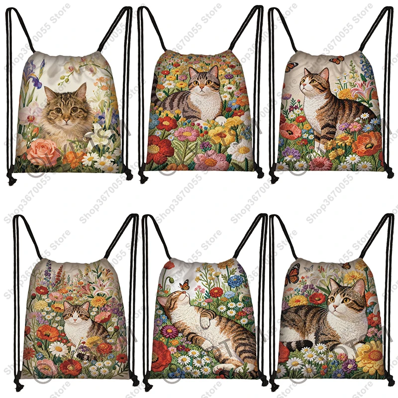 

Kawaii Cat Butterfly Flowers Print Drawstring Bag Woman Men Backpack Casual Shoulder Bag for Travel Large Storage Book Bags Gift
