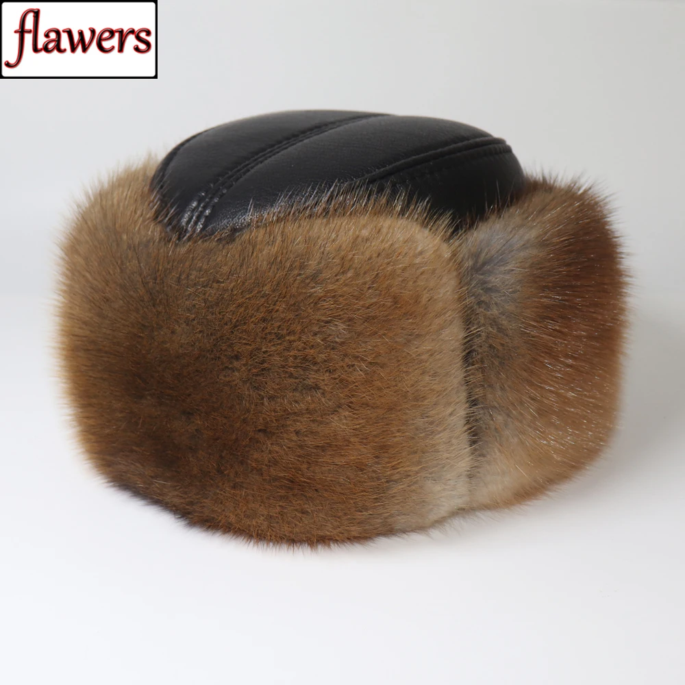 Men Winter Outdoor Keep Warm Real Mink Fur Bomber Hat 100% Natural Sheepskin Leather Cap Russian Male Genuine Muskrat Fur Hats