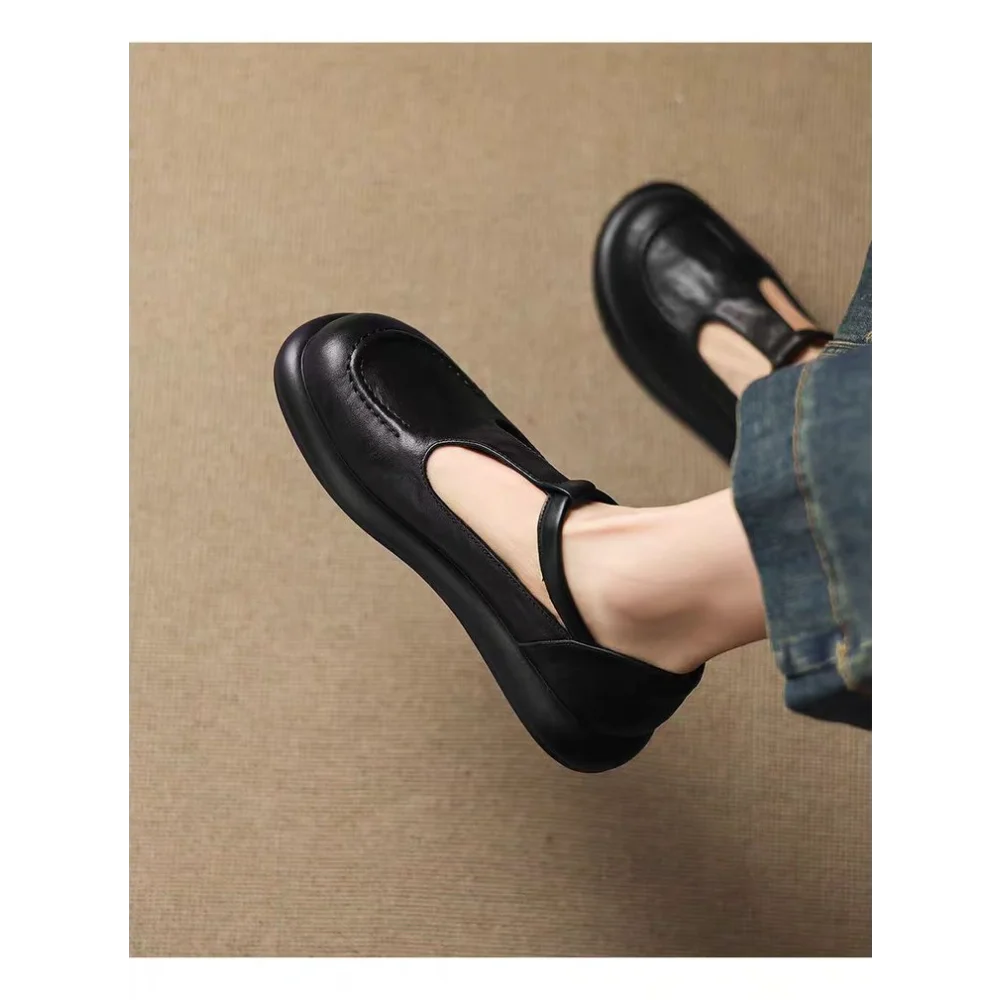 Vintage schokoladenbraune Mary-Jane-Slipper mit runder Zehenpartie, Slip-On-Loafer aus weichem Leder, bequeme Freizeitschuhe, rückenfreie Pantoletten, Streetwear – Detail 6