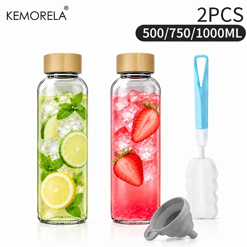 2PCS Borosilicate Glass Water Bottle 500/750/1000ML Leakproof Sport Drinking Bottles with Bamboo Lids Juice Tea Bottle ForTravel