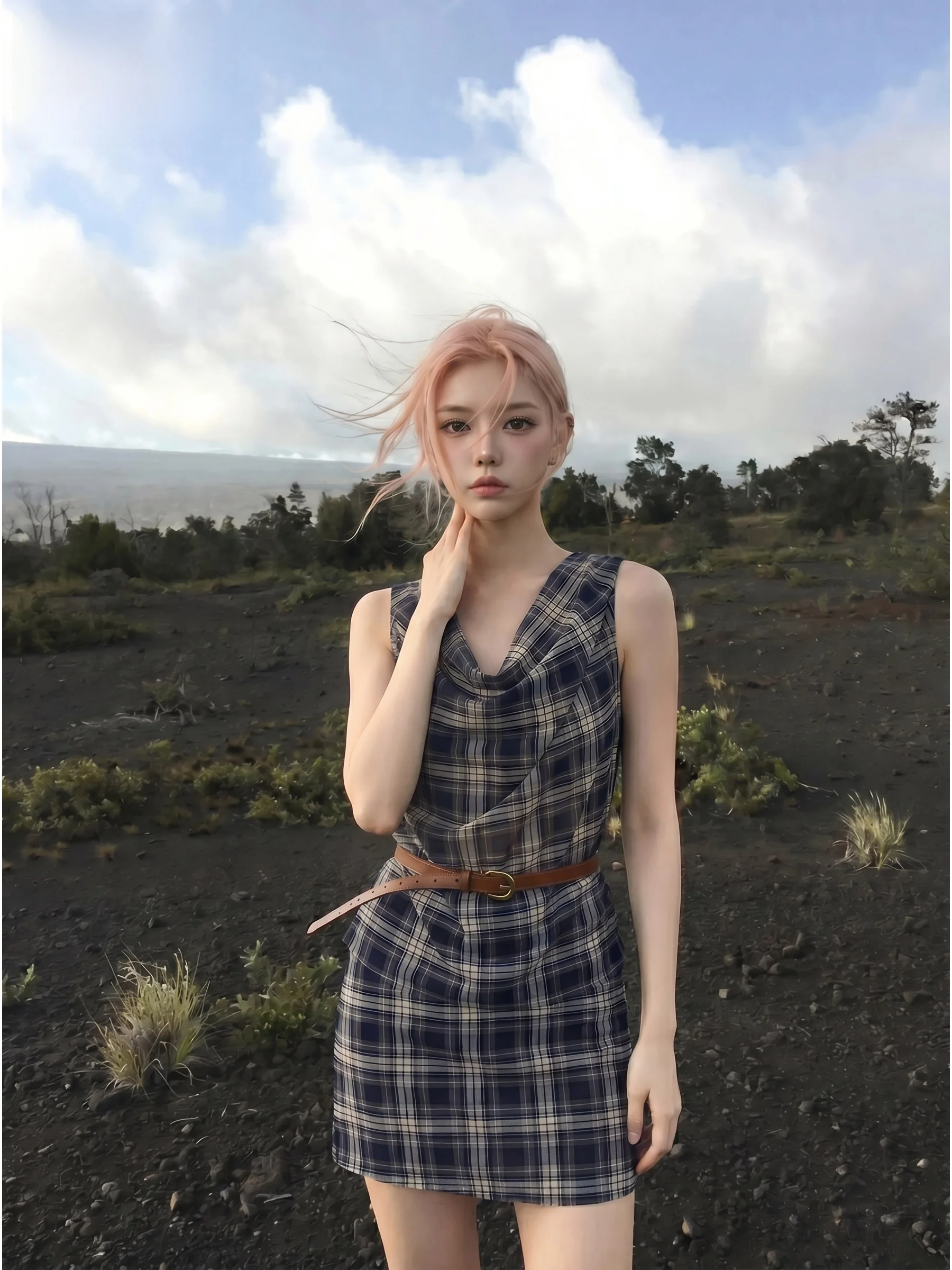 

Summer Plaid Halter Neck Vest Set Women's High Waist Slim A-Line Skirt Two-Piece Suit Casual Style No-Sleeve Top