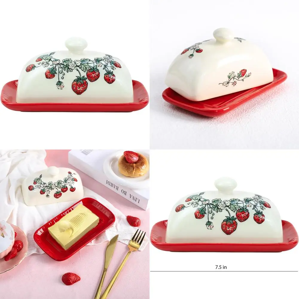 

ceramic butter dish with lid butter keeper butter plate tray for kitchen countertop embossed strawberry pattern butter crock kee