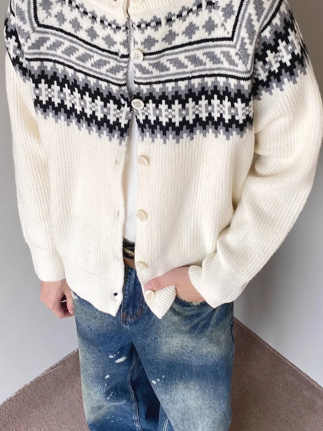 

Мужской вязаный свитер в американском ретро-стиле, свободный повседневный кардиган с узором Fair Isle, длинный рукав, круглый вырез, теплый