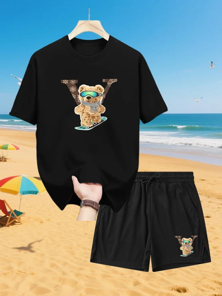 

2025 Mens Summer New Casual Suit Textured Printed Short Sleeve Outdoor Street Fashion Shorts Two Piece Pocket Loose Suit
