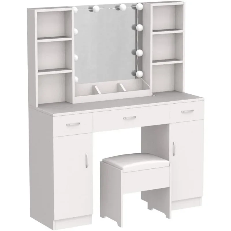 Makeup Vanity Desk with Lights, 3 Lighting Colors, White Vanity Set Makeup Table with 3 Drawers, 2 Cabinets and Multiple Shelves