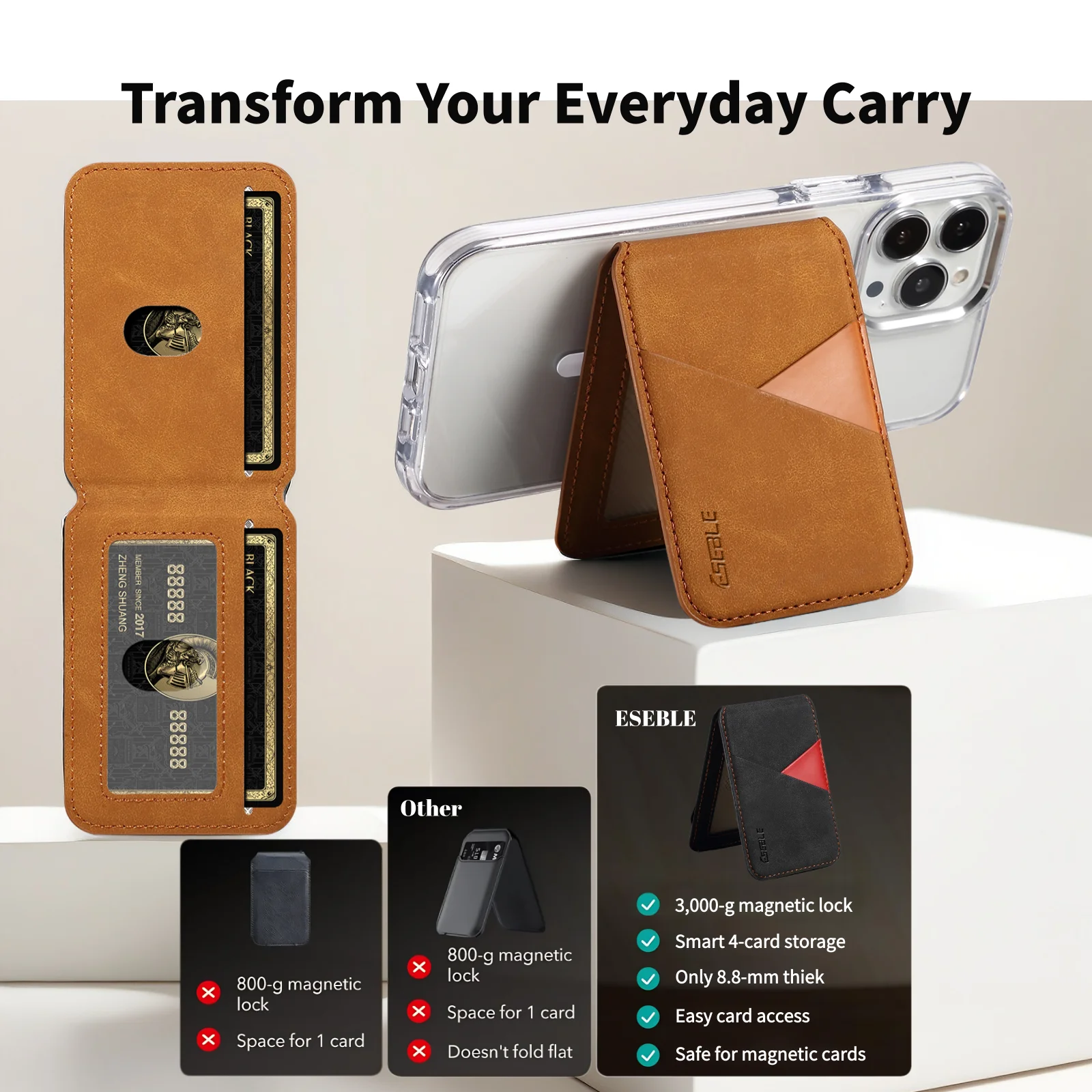Magnetic PU Leather Card Holder With Foldable Stand, Come With Metal Magnetic Sticker, Universal Phone Card Wallet Credit ID Car