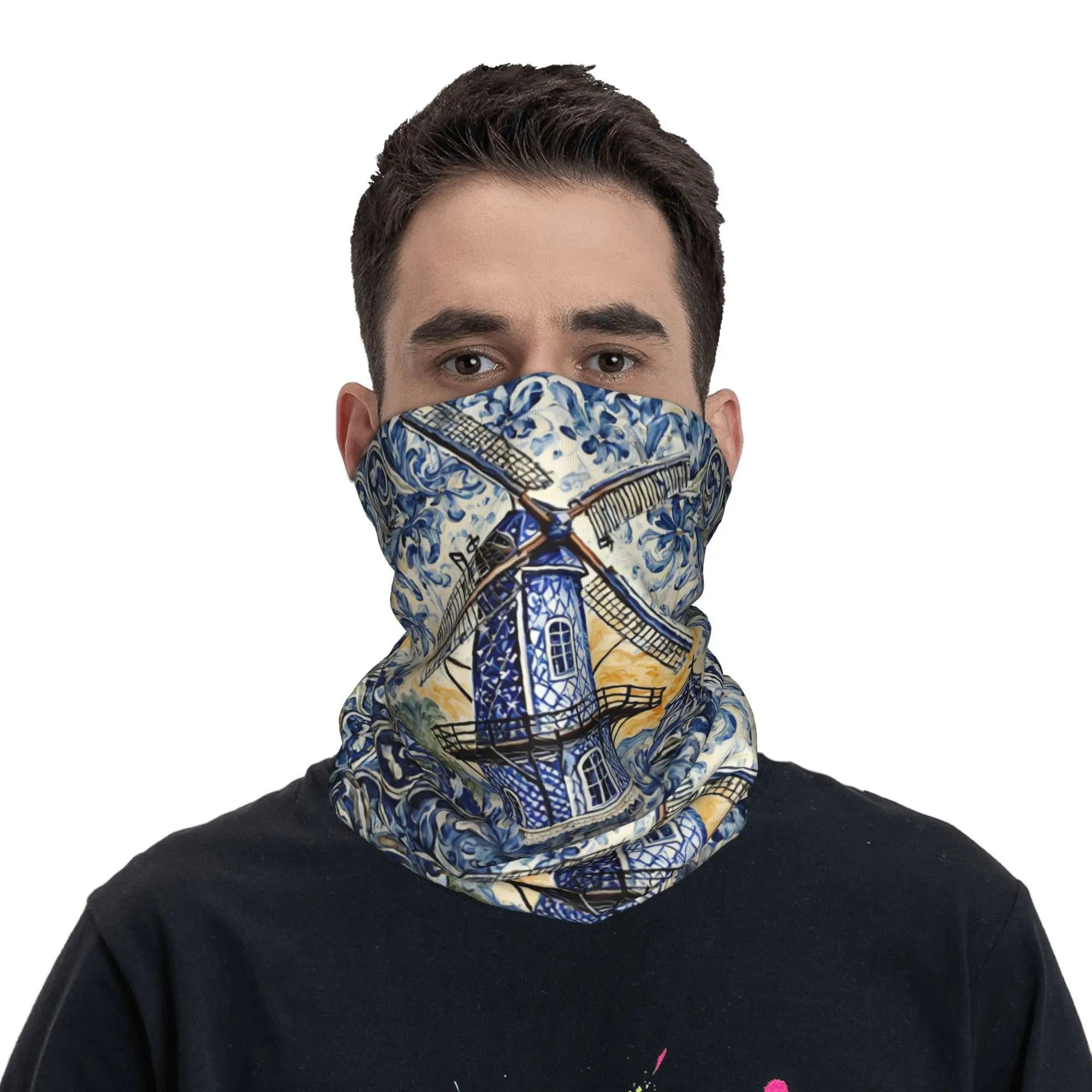 

Dutch Blue Delft Boats in an Amsterdam Canal Bandana Neck Gaiter Printed Wrap Scarf Headwear Cycling for Men Women Adult Winter