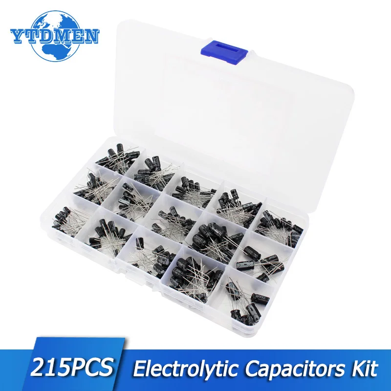 215pcs/lot 0.1uF-330uF 15 Values Aluminum Electrolytic Capacitors 16V 25V 50V Set of Capacitors Capacitors Assorted kit Set