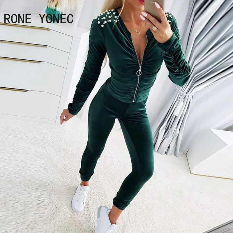 Women Long Sleeves Beading Decoration Zipper Shirring Two Pieces Pants Set