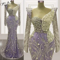 Luxury Silver Crystals Mermaid Celebrity Dresses 2024 Dubai Arabic Long Sleeves Prom Evening Party Gowns Customized