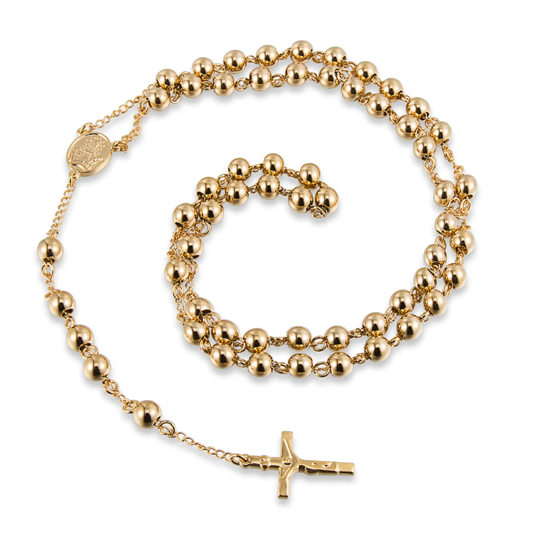 Fashion 4/6/8/10mm Gold Color Jesus Christ Crucifix Chain For Men Women 316L Stainless Steel Long Rosary Beads Necklace