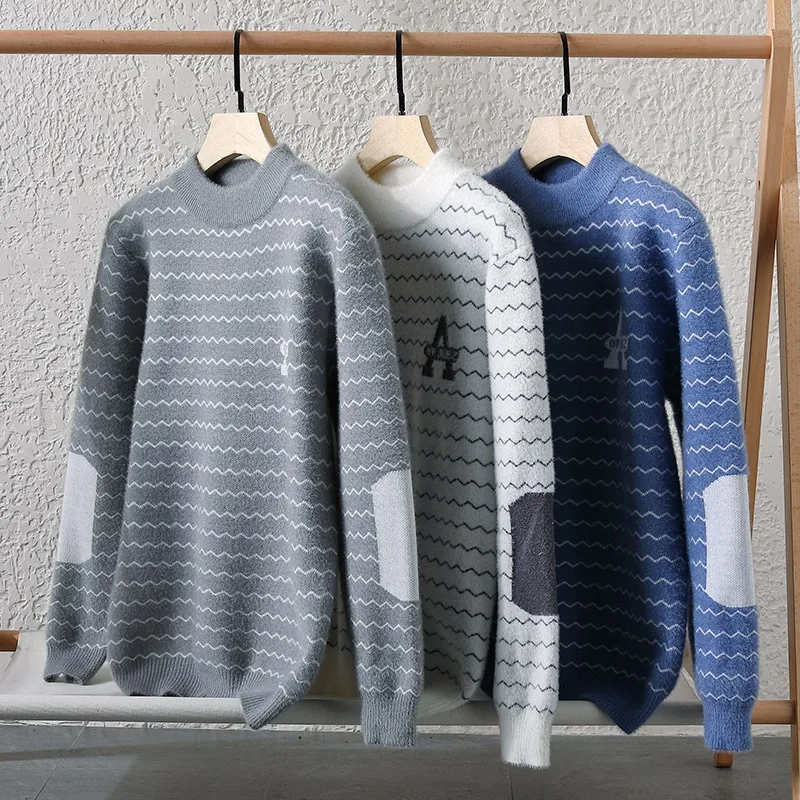 

Men's Autumn New Versatile Warm Casual Fashion Stripe Print Half High Collar Pullover Sweater