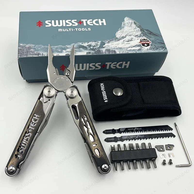 SWISS TECH 37 In 1 Multitool Pliers Folding Multi Tool Scissors Cutter Replaceable Saw Blade EDC Outdoor Camping Equipment