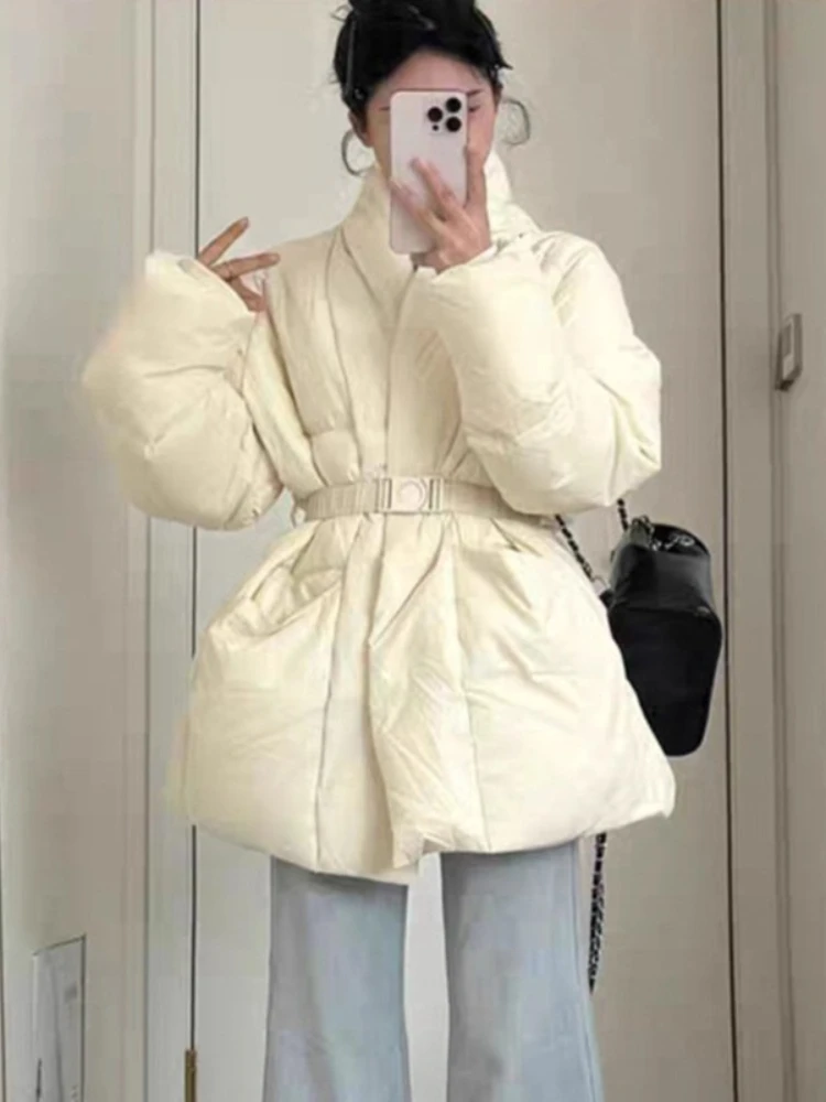 2025 New Down Jacket Winter Belt Waist-Tight Elegant Warm 90% White Duck Puffer Coat Female Mid-Length Solid Color V-Neck Parkas