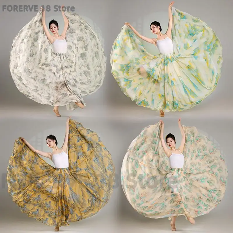 

Women Classical Print 720 Degree Maxi Skirt Chiffon Big Swing Dance Long Dance Skirts Big Swing Dance Stage Performance Costume