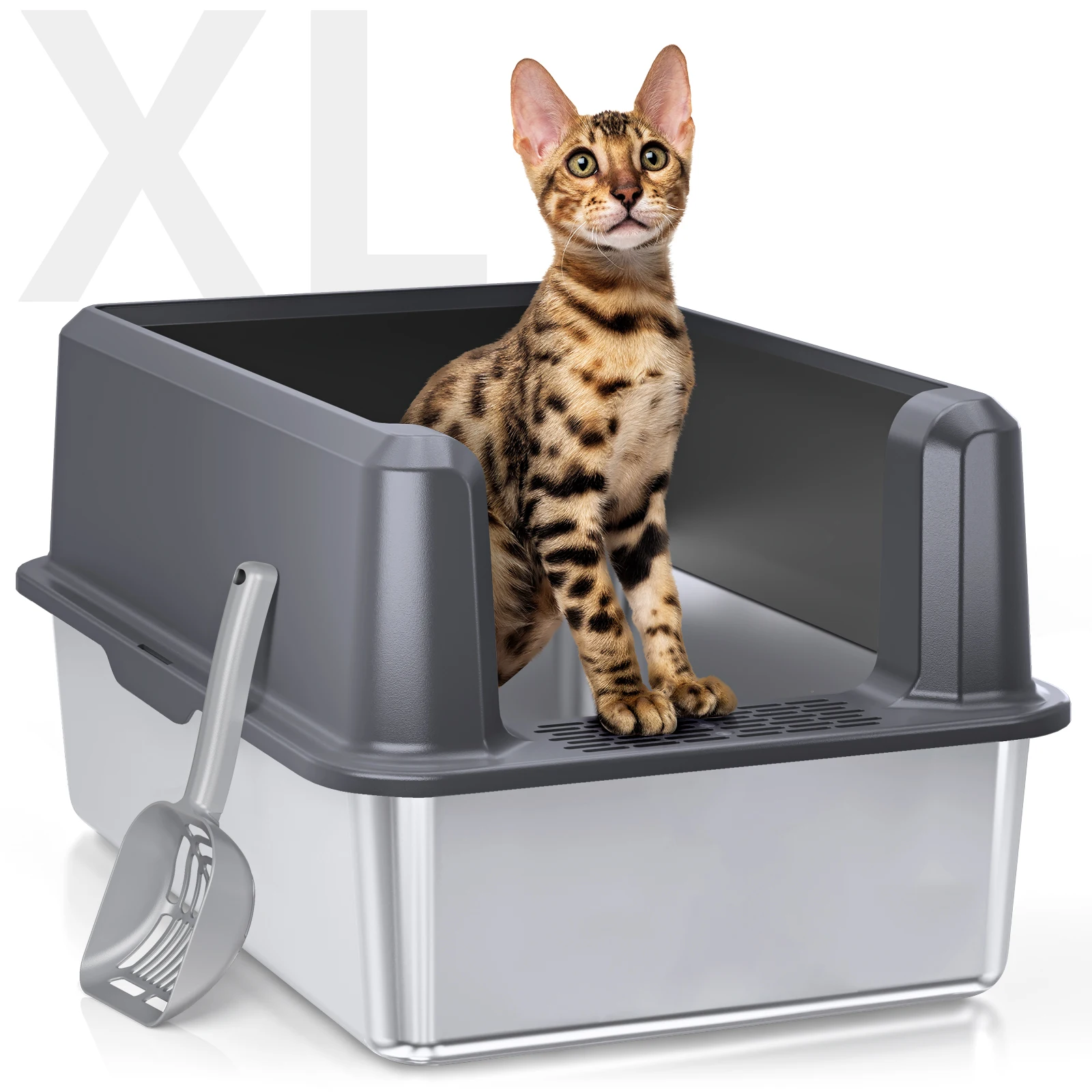 Semi-Enclosed Durable Cat Litter Box Stainless Steel ABS Lid Eco-Friendly 64L Open Design Easy Cleaning Odor-Free
