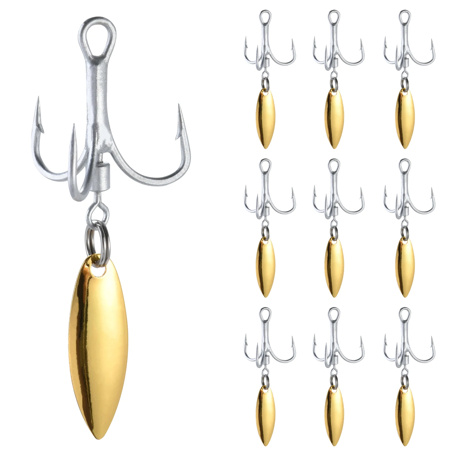 Goture 10pcs/set Bladed Treble Hooks with Replaceable Gold Willow Blade Spinner 2#-10# Hooks for Trout Bass Freshwater Saltwater