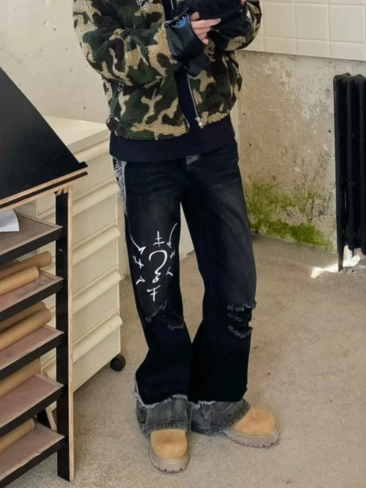 

Свободные американские уличные камуфляжные лоскутные джинсы с завышенной талией, мужские и женские прямые утягивающие длинные брюки, модные