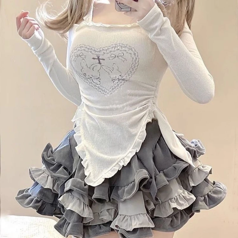 Kawaii Two Pieces Set Women Irregular Bandage Sweet Ruffle T-shirt + Y2k Aesthetic Patchwork Mini Cake Skirts Harajuku Outfits