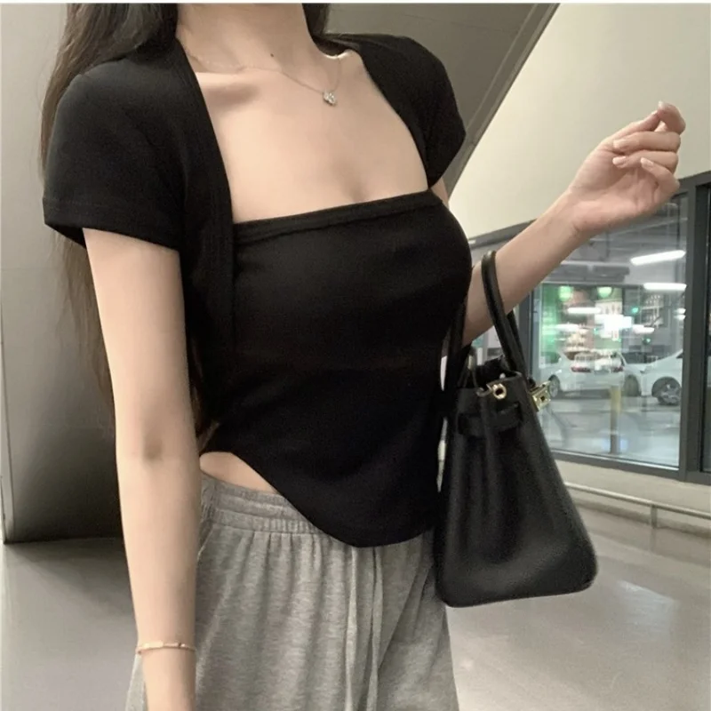 Low Cut Sexy Korean Fashion Crop Tops Women Kpop Slim Y2K T-shirts Pleated Square Neckline Tees Cheap Clothes Woman Tshirts