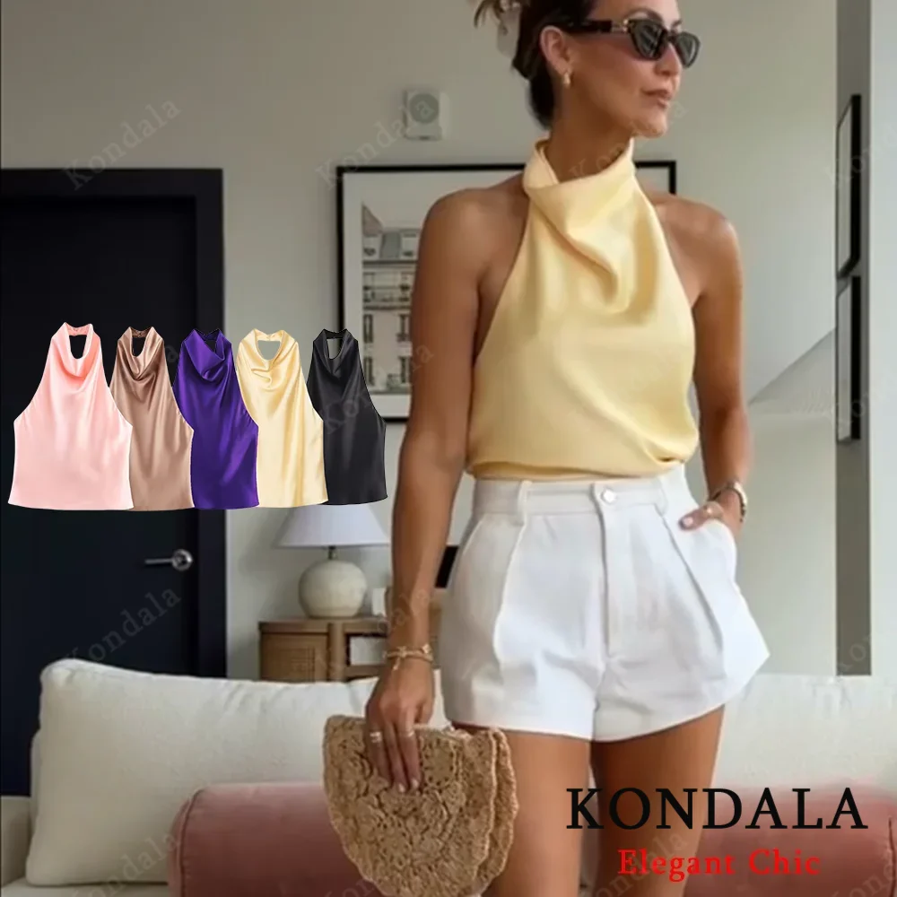 

KONDALA женские сексуальные атласные топы с маслом желтого и розового цвета, сексуальные топы с лямкой на шее, новинка 2025, осень-лето, модный топ для свиданий, пляжа, праздничной вечеринки, шикарный топ