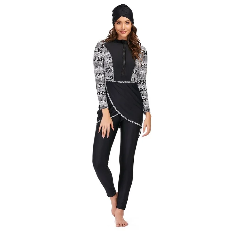 3 peça maiô muçulmano swimwears feminino impresso liso retalhos hijab mangas compridas esportes islâmico burkinis wear 2022 nova mulher