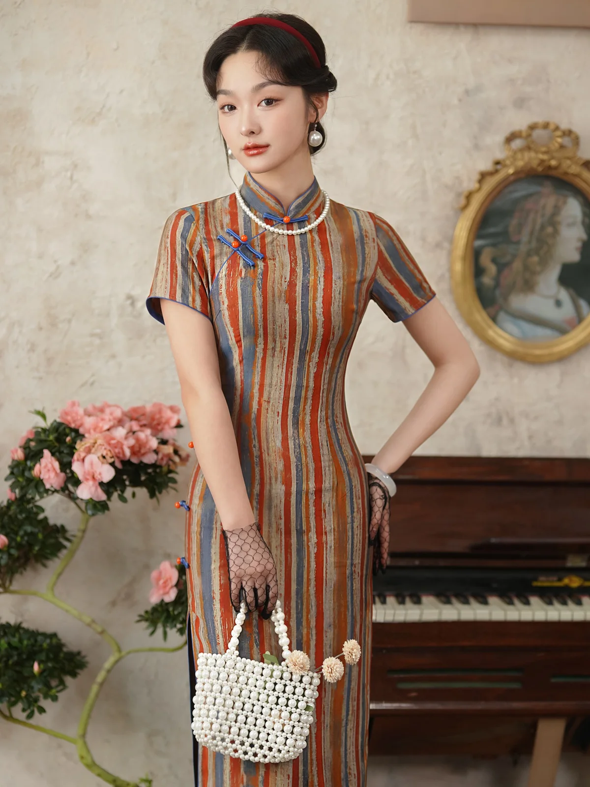  Old Shanghai Striped Cloud Brocade Cheongsam New Republic of China Style Summer Young Artistic Daily