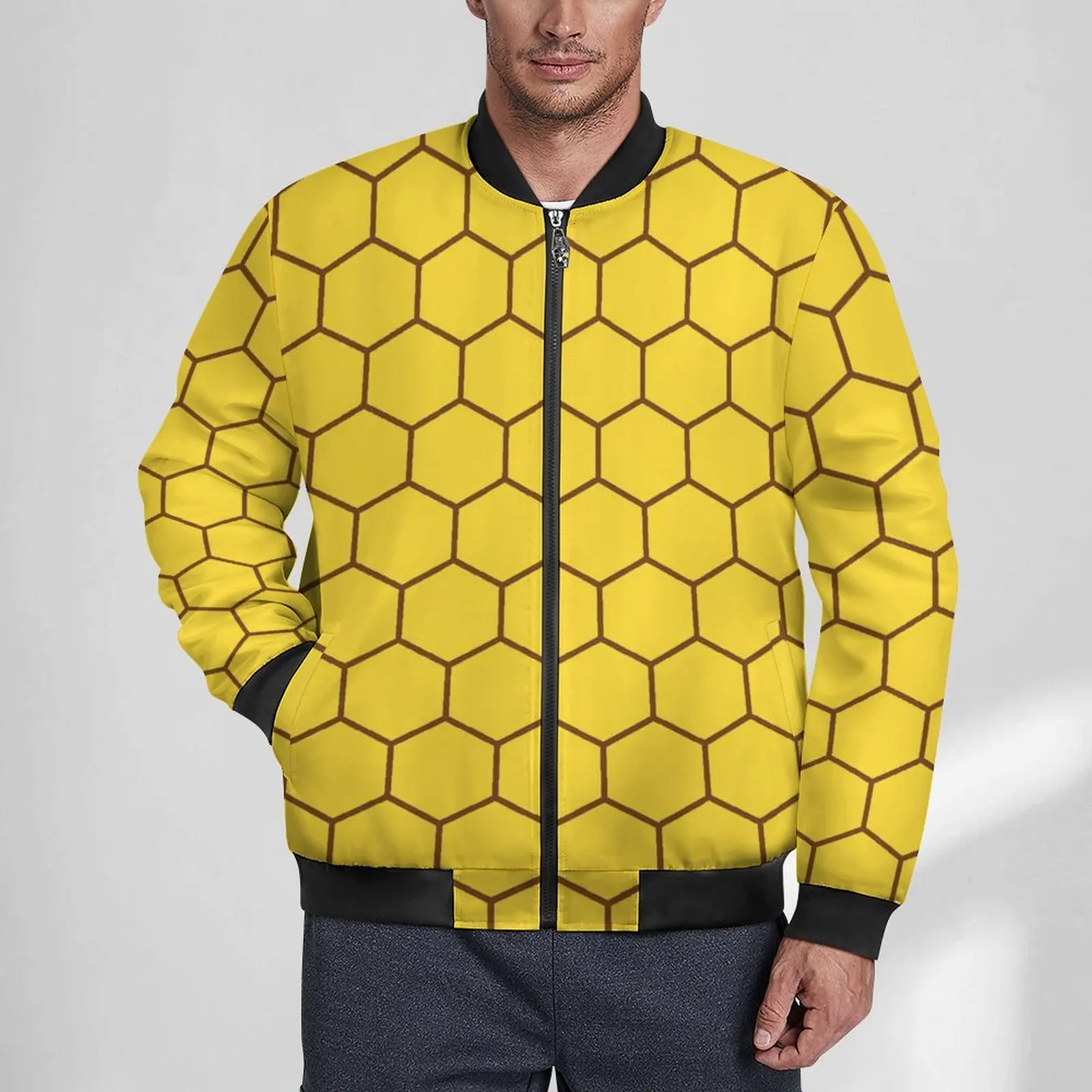 Yellow Honeycomb Casual Jackets Abstract Arts Windproof Windbreakers Men Graphic Coats Autumn Street Wear Loose Jacket Plus Size