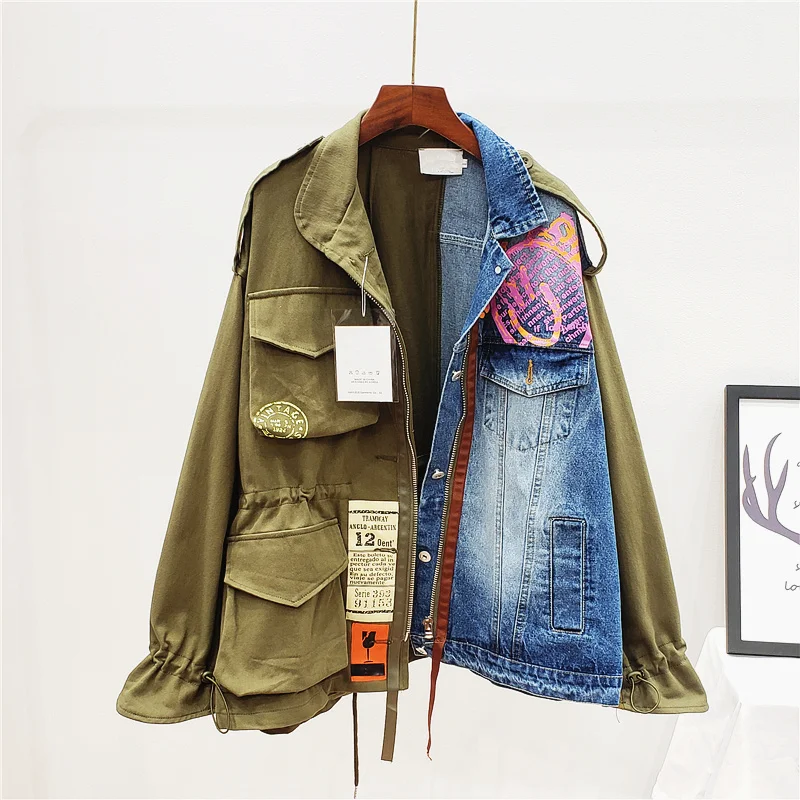 2024 Spring Autumn Oversized Long Sleeve Fake Two Piece Denim Patchwork Jacket Women Vintage Loose Basic Coat Female Streetwear